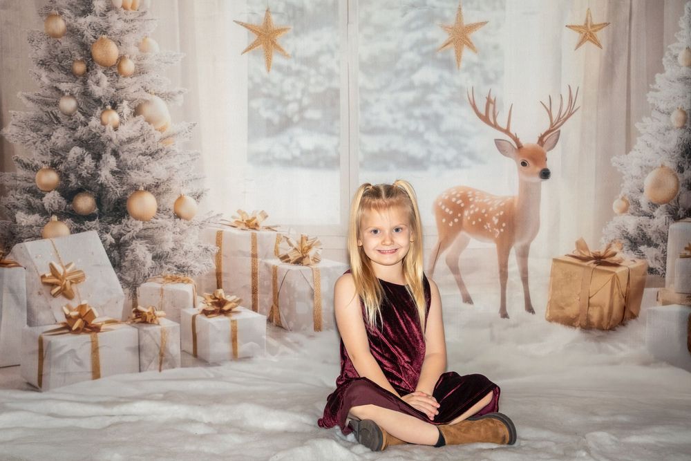 Festive holiday photo studio setup with white Christmas trees, gold stars, reindeer decorations and burgundy accents.