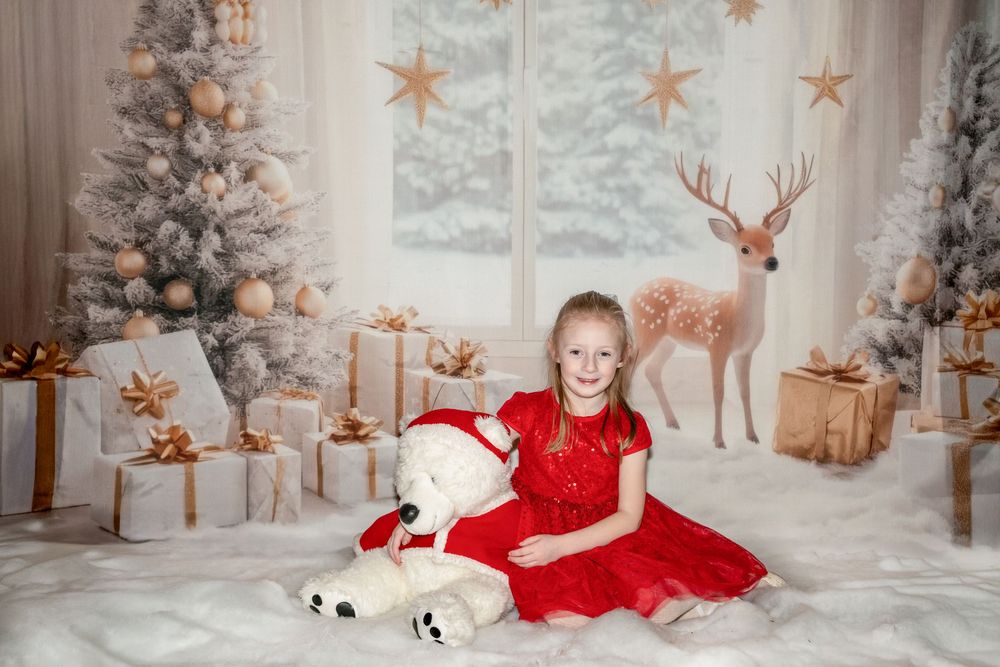 A winter wonderland photography setup with snowy backdrop, reindeer decorations, and festive holiday props in warm lighting.