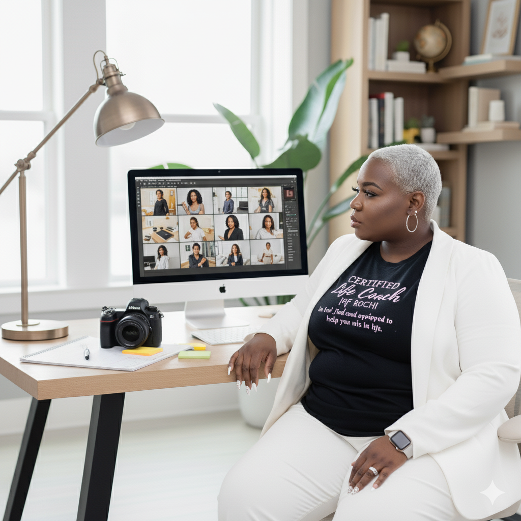 Professional participating in a video conference call while sitting at a modern home office desk with computer and camera setup.