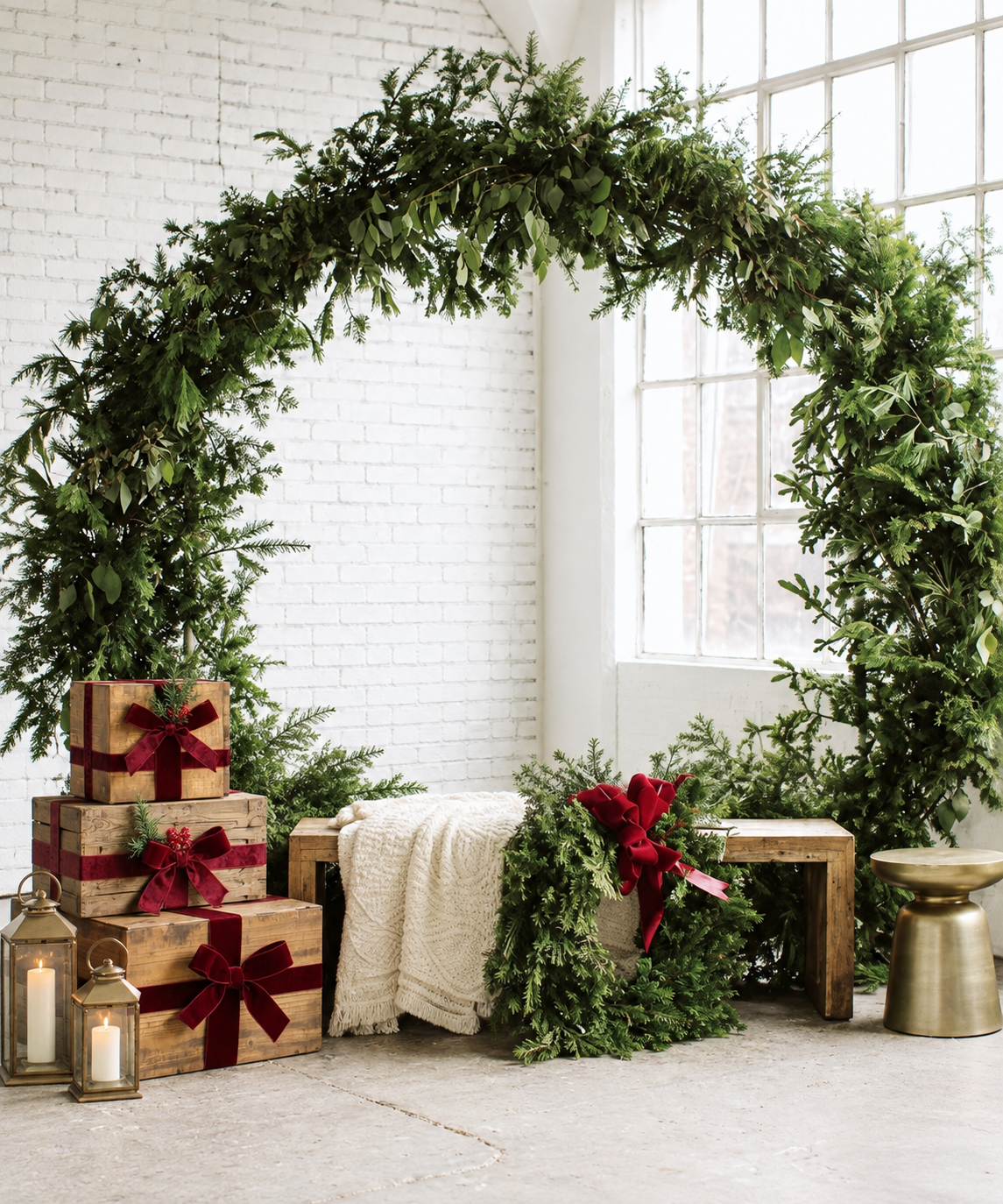 Festive Christmas arch of lush greenery with wrapped gifts in wooden crates, lanterns, and red bows in a bright white room.