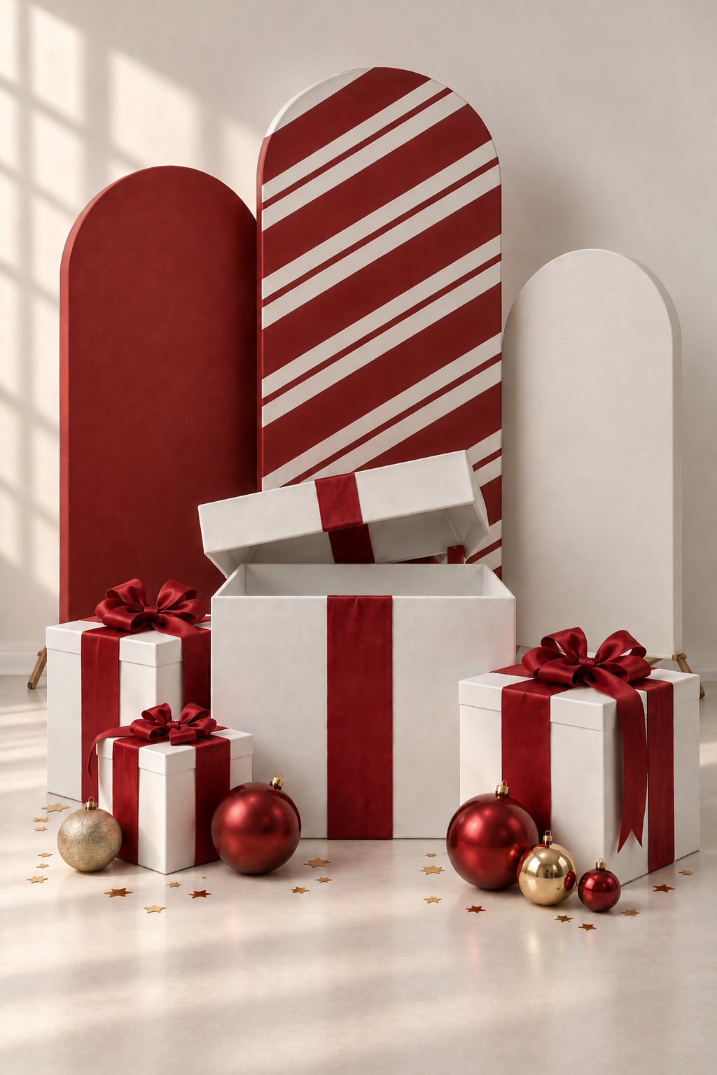 Red and white Christmas gift boxes with festive bows, ornaments, and striped arch backdrops in a holiday display.