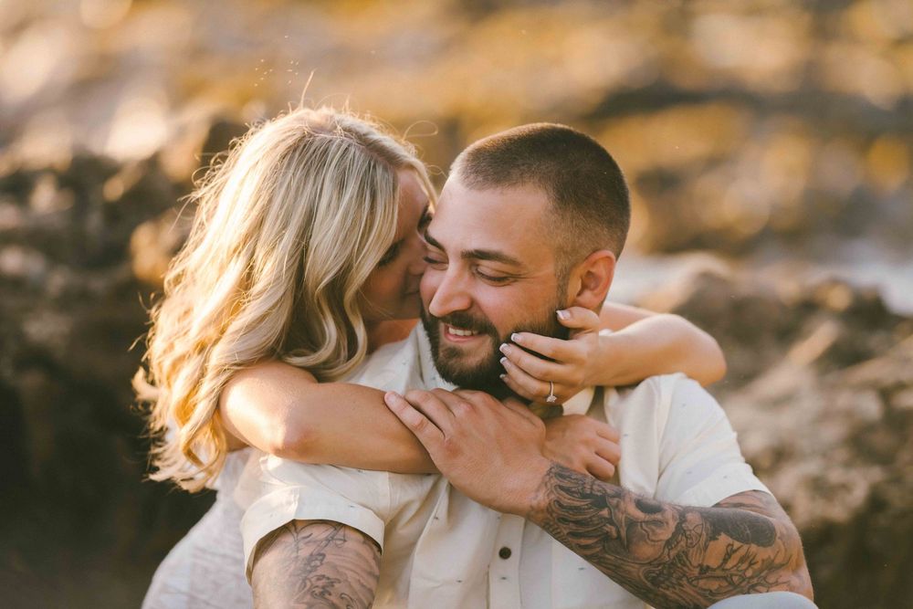 Proposal engagement couple photo shoot during sunset beach on Maui Hawaii by ohwowfotos