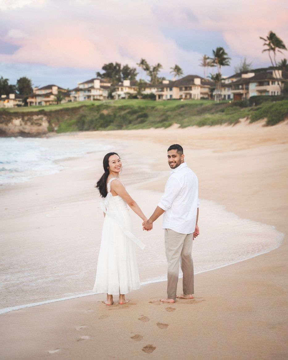 Proposal couple sunset photo at Ironwood beach Maui Hawaii