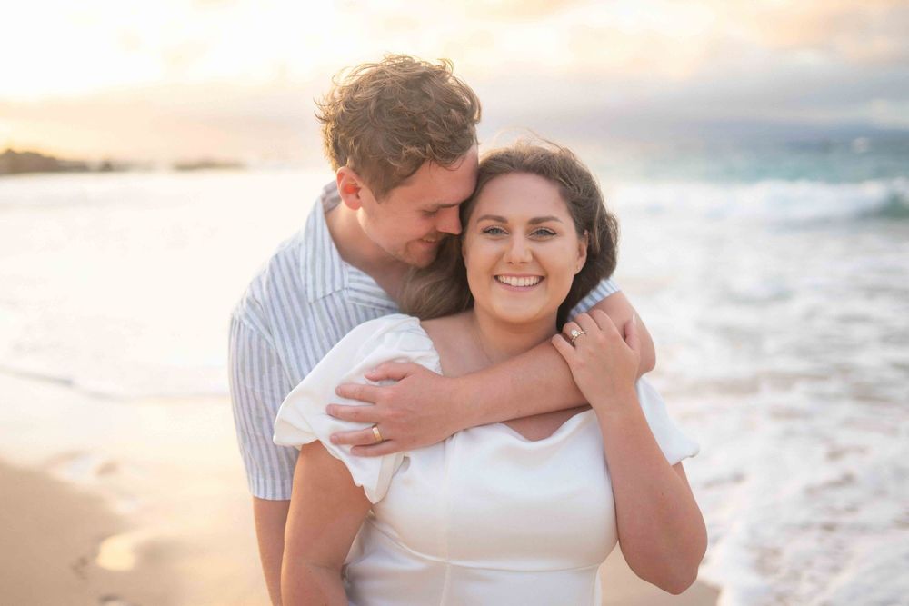 Proposal engagement couple photo shoot during sunset beach on Maui Hawaii by ohwowfotos
