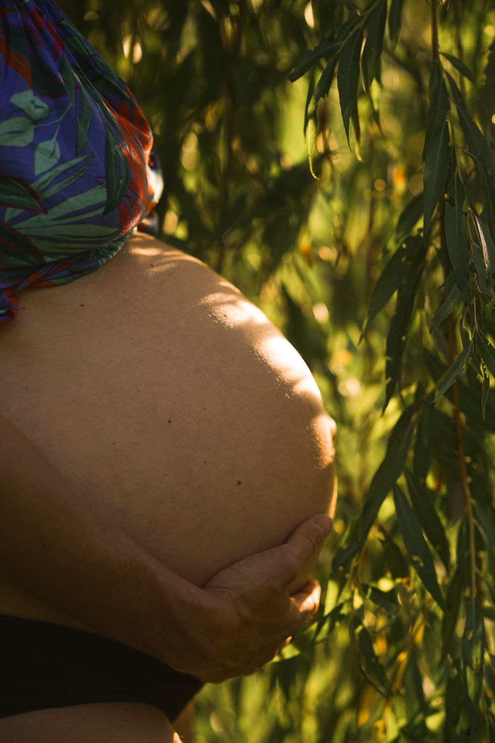 Shooting de grossesse sous saule pleureur par photographe de famille à Beersel. Lumière naturelle. Ventre nu avec reflets de feuilles.