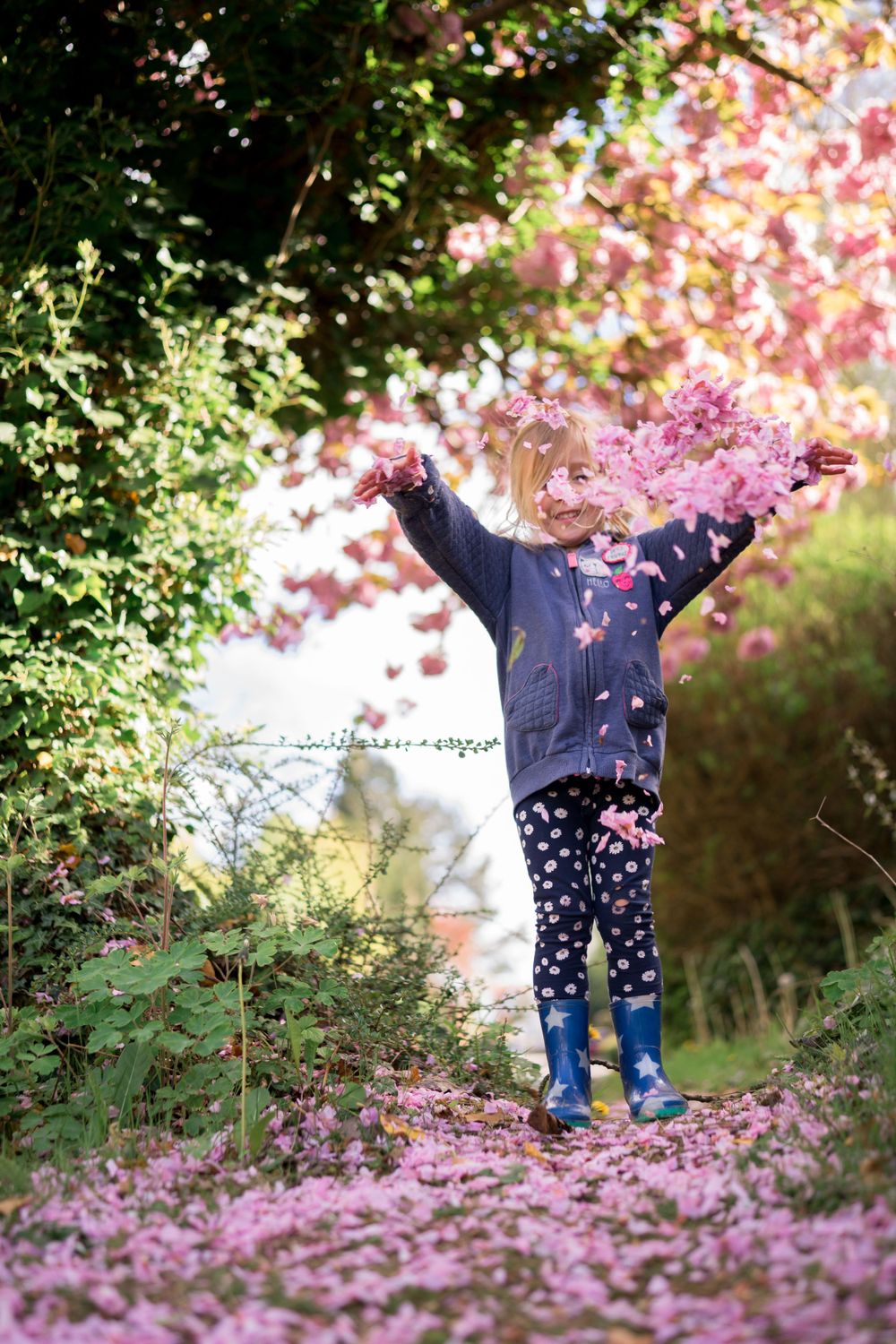 Séance photo avec enfant au printemps avec des pétales de cerisiers en fleurs. Shooting famille en extérieur à Beersel, près de Linkebeek.
