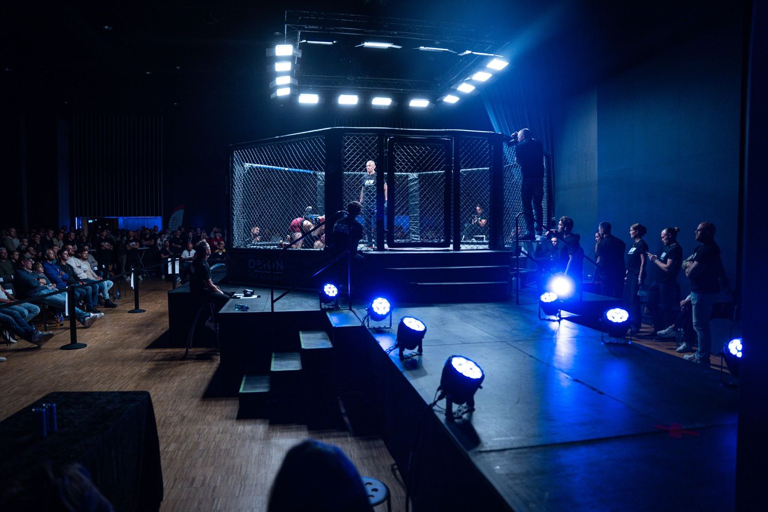 MMA fighting octagon cage illuminated by blue lights with spectators sitting in darkness around the arena.
