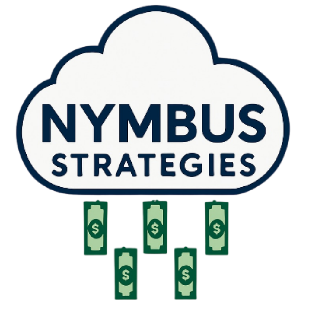 Cloud-themed business logo for Nymbus Strategies with falling money icons in blue and green.
