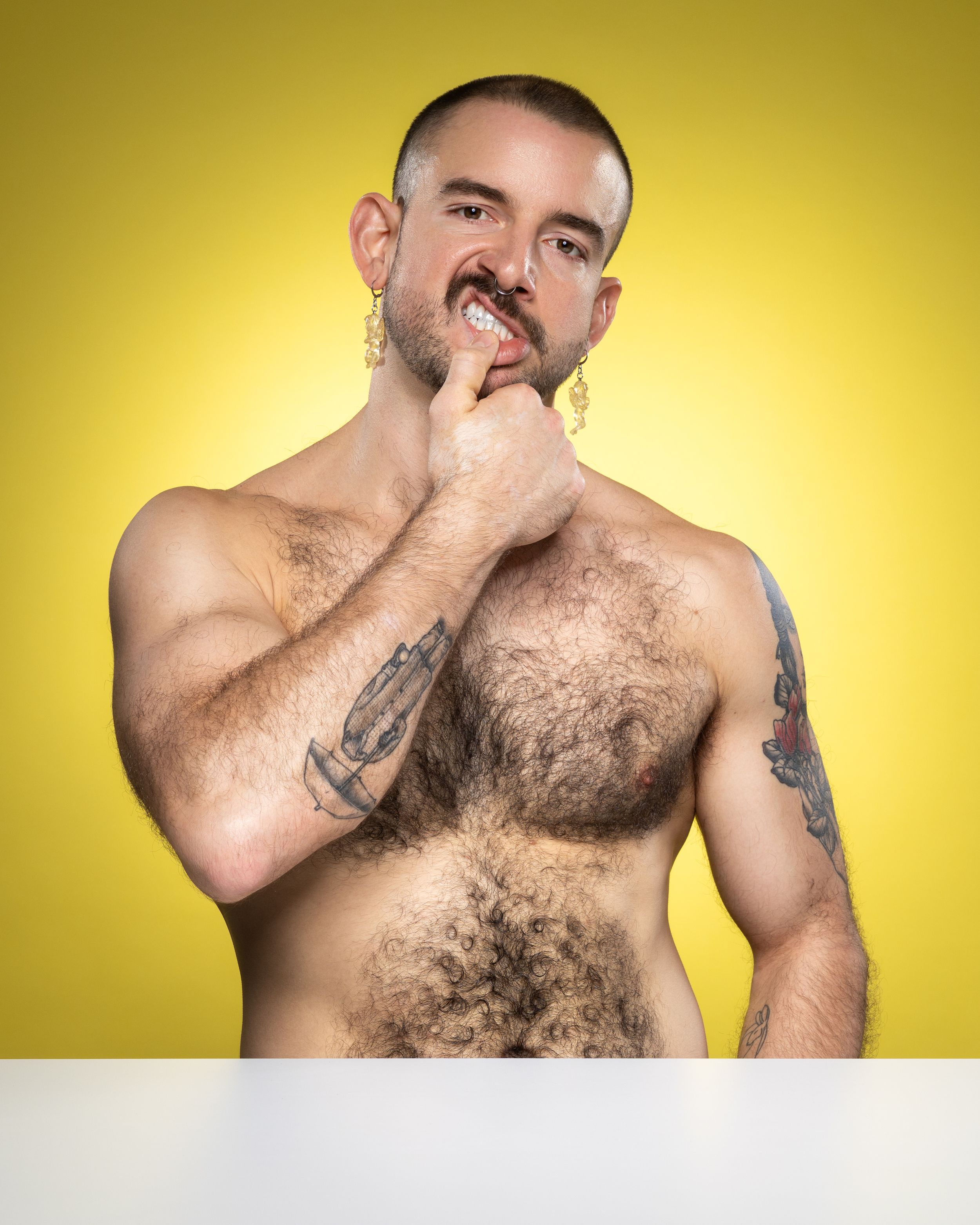 A sequence of photos showing someone laughing against a yellow background.