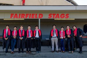 Fairfield University Graduation Photos Bellarmine Hall Stag Statue Fairfield Sign SeaGrape Senior Phots FairfieldGrads Group Friend Photos