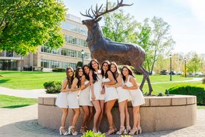 Fairfield University Graduation Photos Bellarmine Hall Stag Statue Fairfield Sign SeaGrape Senior Phots FairfieldGrads Group Friend Photos