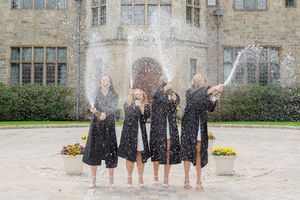 Fairfield University Graduation Photos Bellarmine Hall Stag Statue Fairfield Sign SeaGrape Senior Phots FairfieldGrads Group Friend Photos