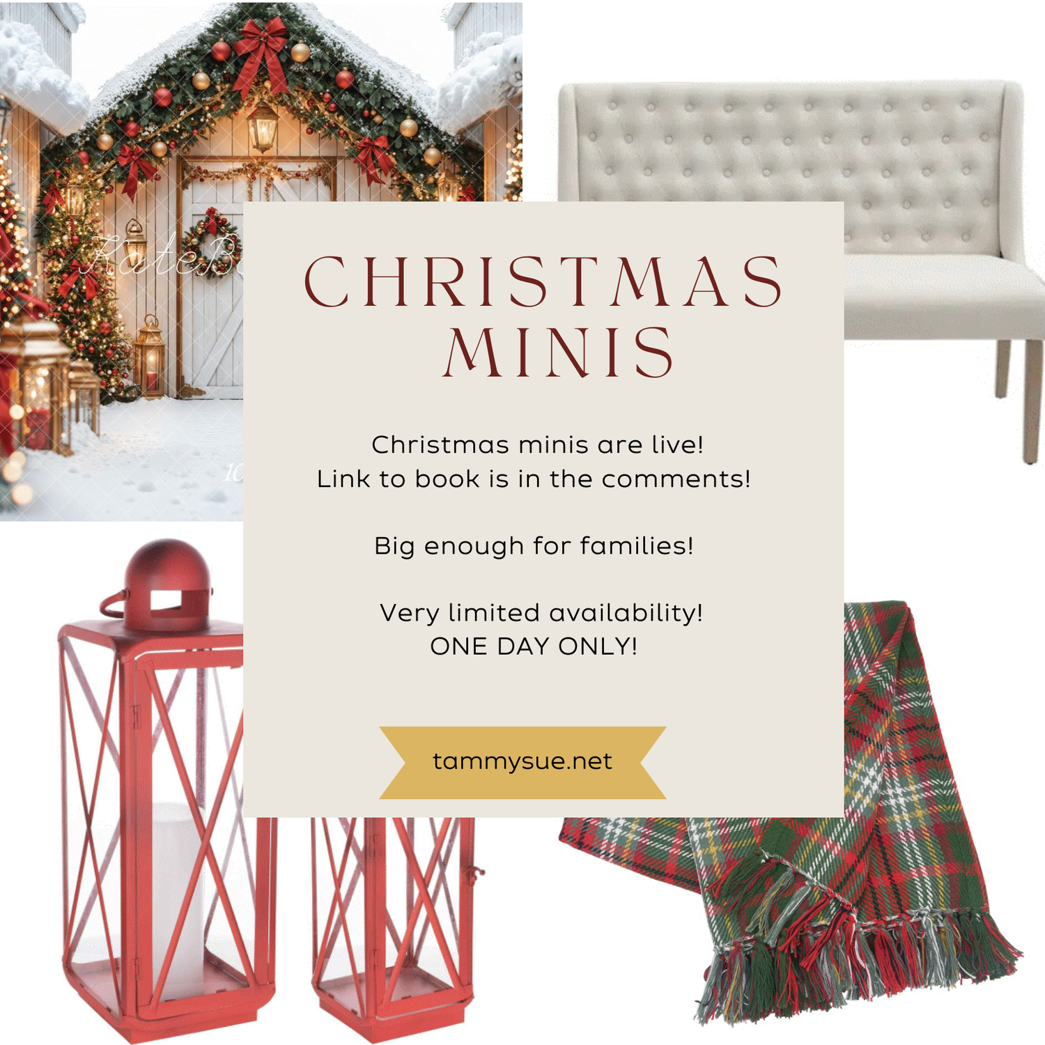 Red metal Christmas lanterns with plaid bows displayed alongside text advertising Christmas mini photo sessions.