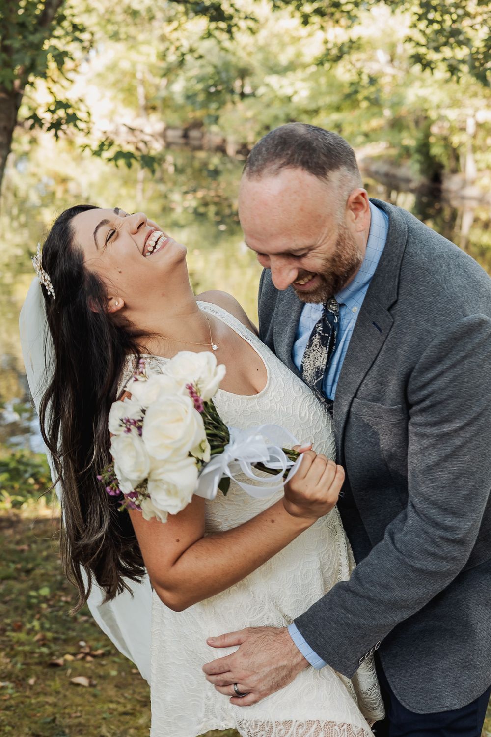 A series of candid wedding photos showing joyful moments between a couple in an outdoor garden setting.