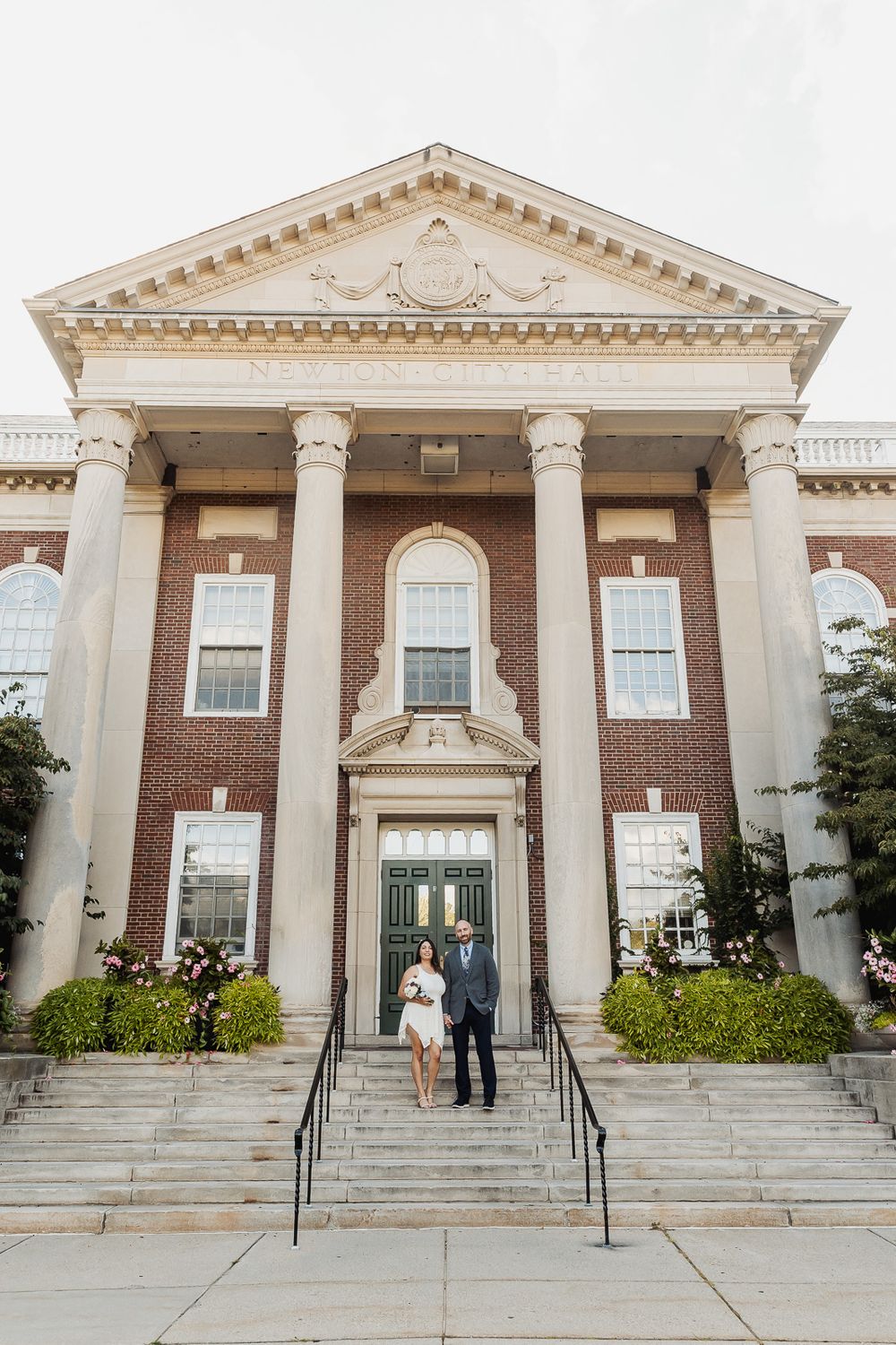 Sequence of four photos showing a classic brick and white column building entrance with Greek Revival architectural style.