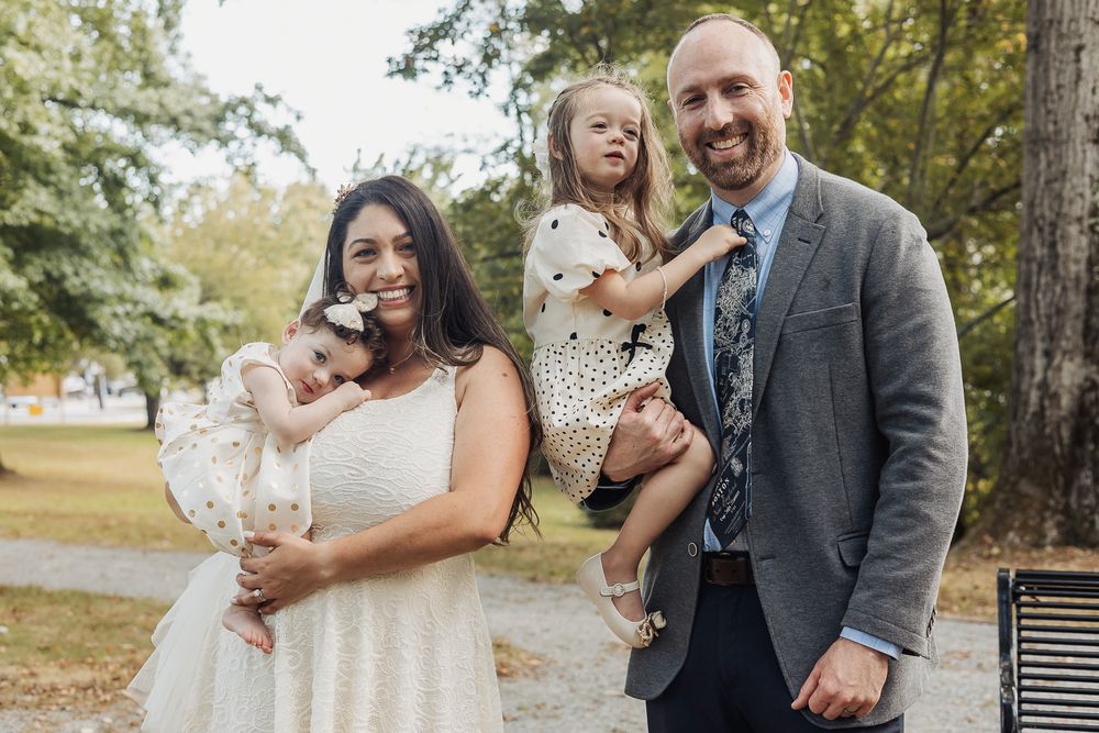 Outdoor wedding photo series showing candid moments between couples and families in a natural park setting.