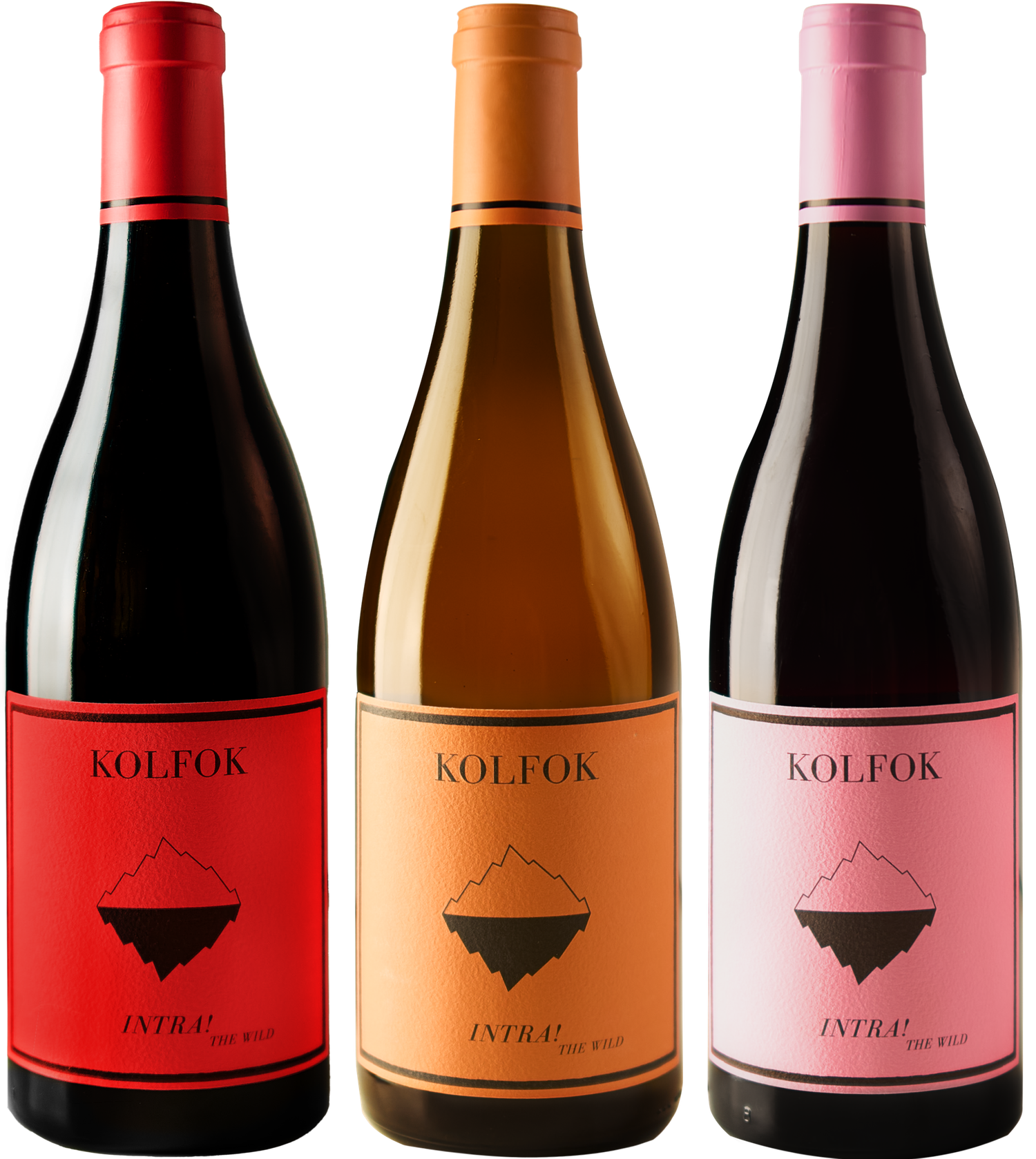 Three Kolfok Intrau wine bottles in red, orange, and pink labels side by side.