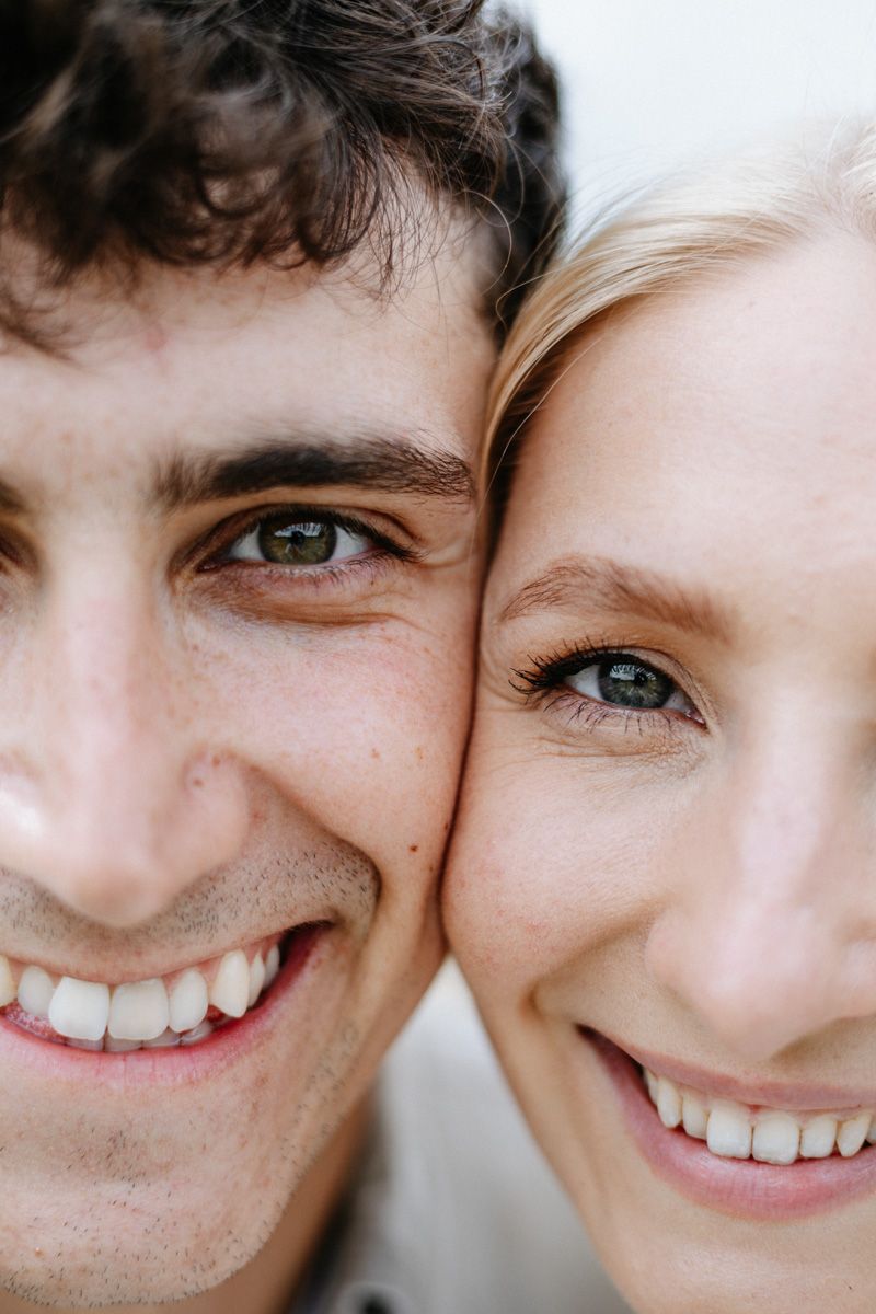Close-up photos showing smiling expressions and eyes in a progressive sequence.