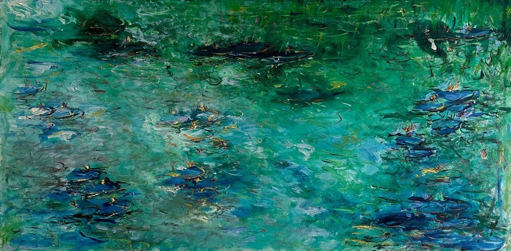 Abstract expressionist painting showcasing vibrant swirls of blue, pink, orange and green paint in dynamic brushstrokes.