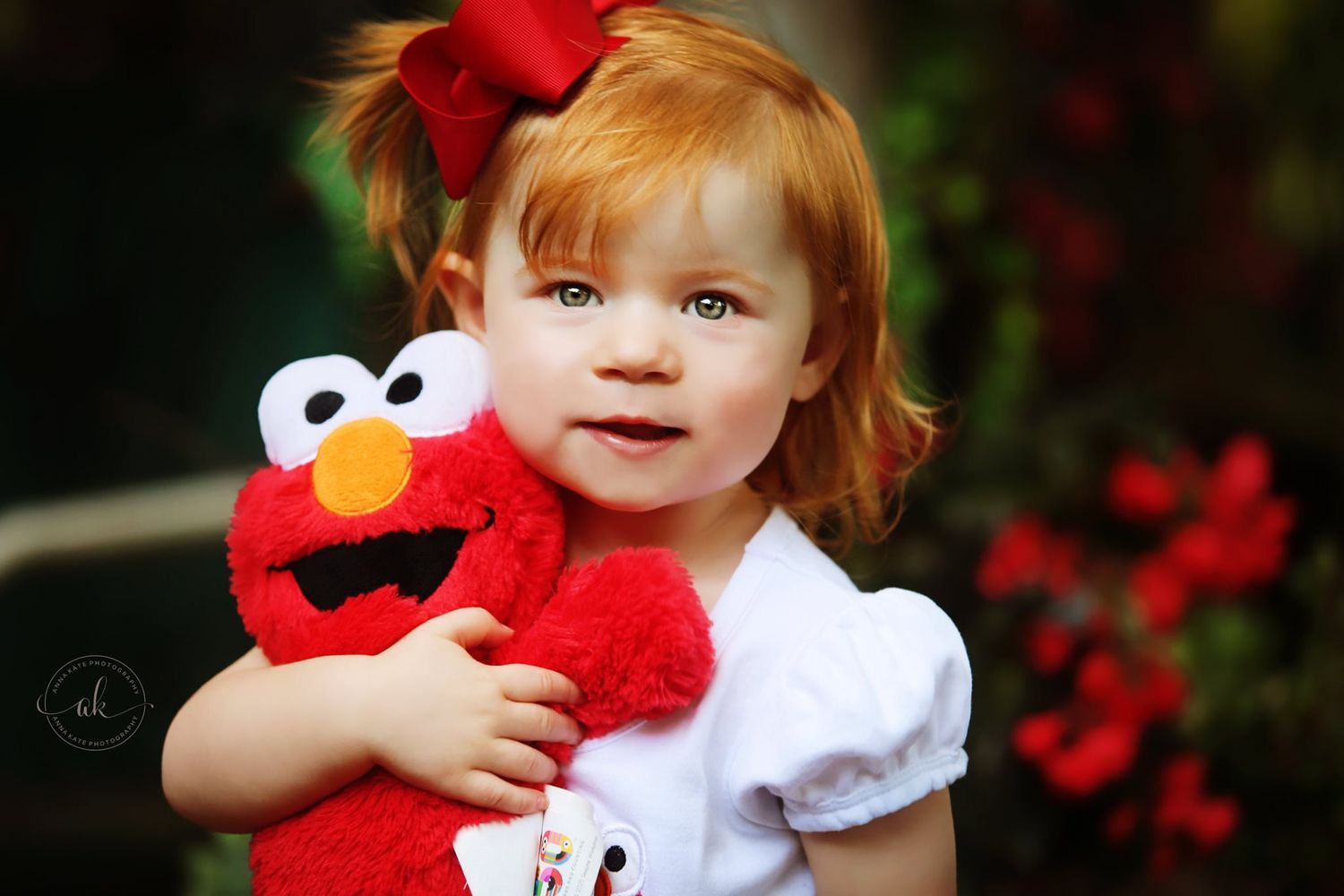 Sweet portrait with bright red Elmo plush toy against dark background.