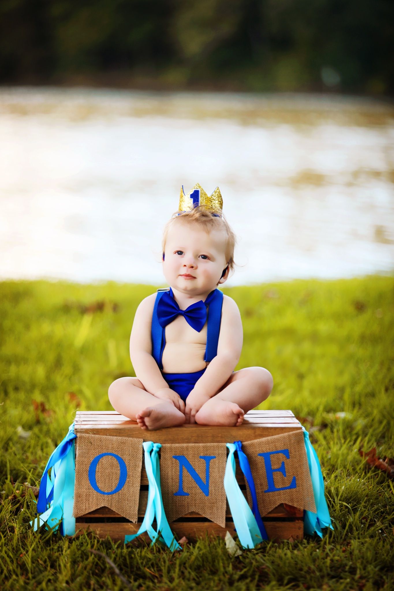 Baby wearing crown sits on decorated ONE blocks for first birthday photo.