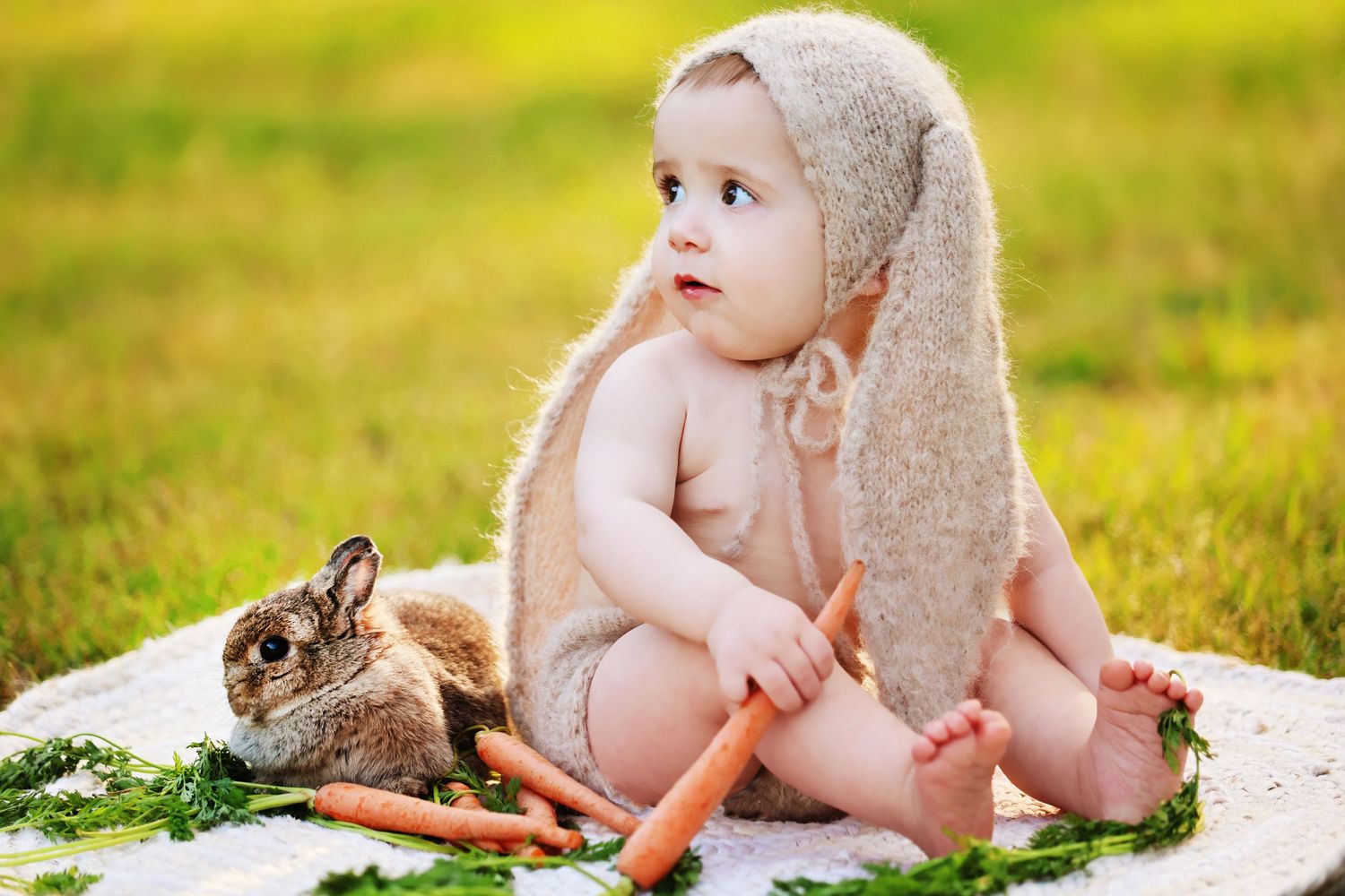 Baby sitting on blanket outdoors with vegetables and bunny rabbit in sunny garden setting.