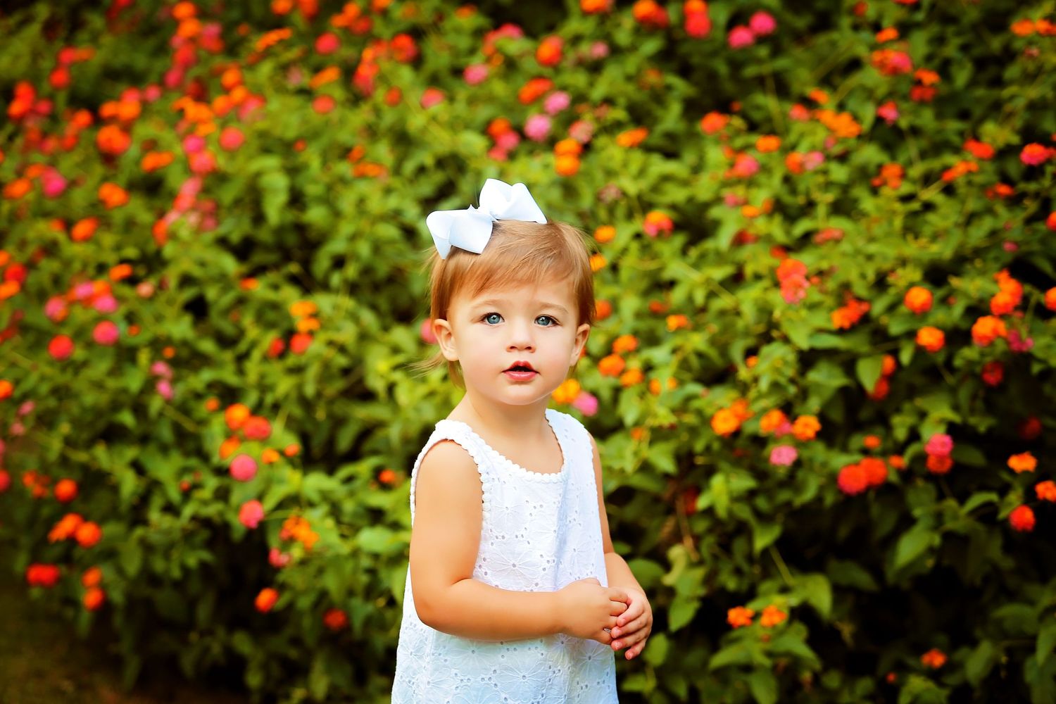 Child in white dress with bow stands in front of orange flowering bush.