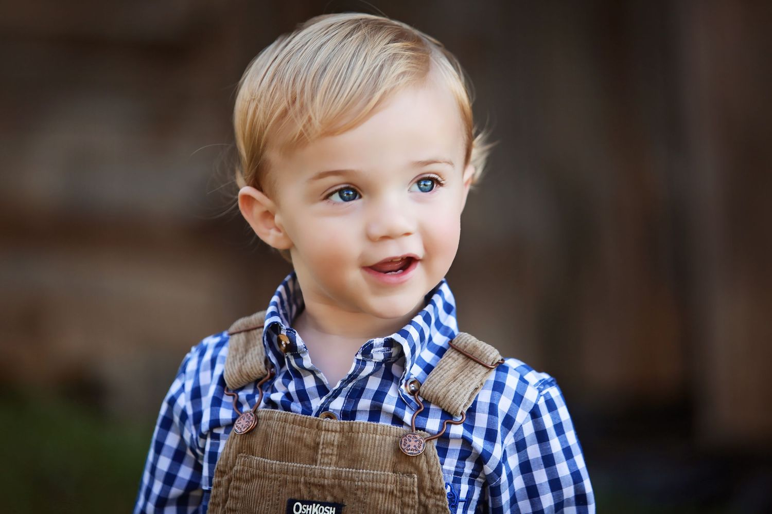 Young child wearing blue checkered shirt and brown overalls smiling during portrait session.