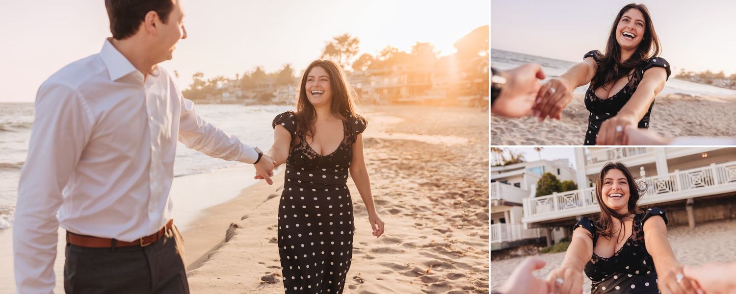 Couple shares playful and romantic moments during beachside photo session.