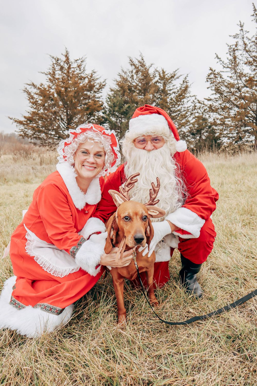 A dog poses with Santa and Mrs. Claus in a rustic outdoor setting with evergreen trees in the background.