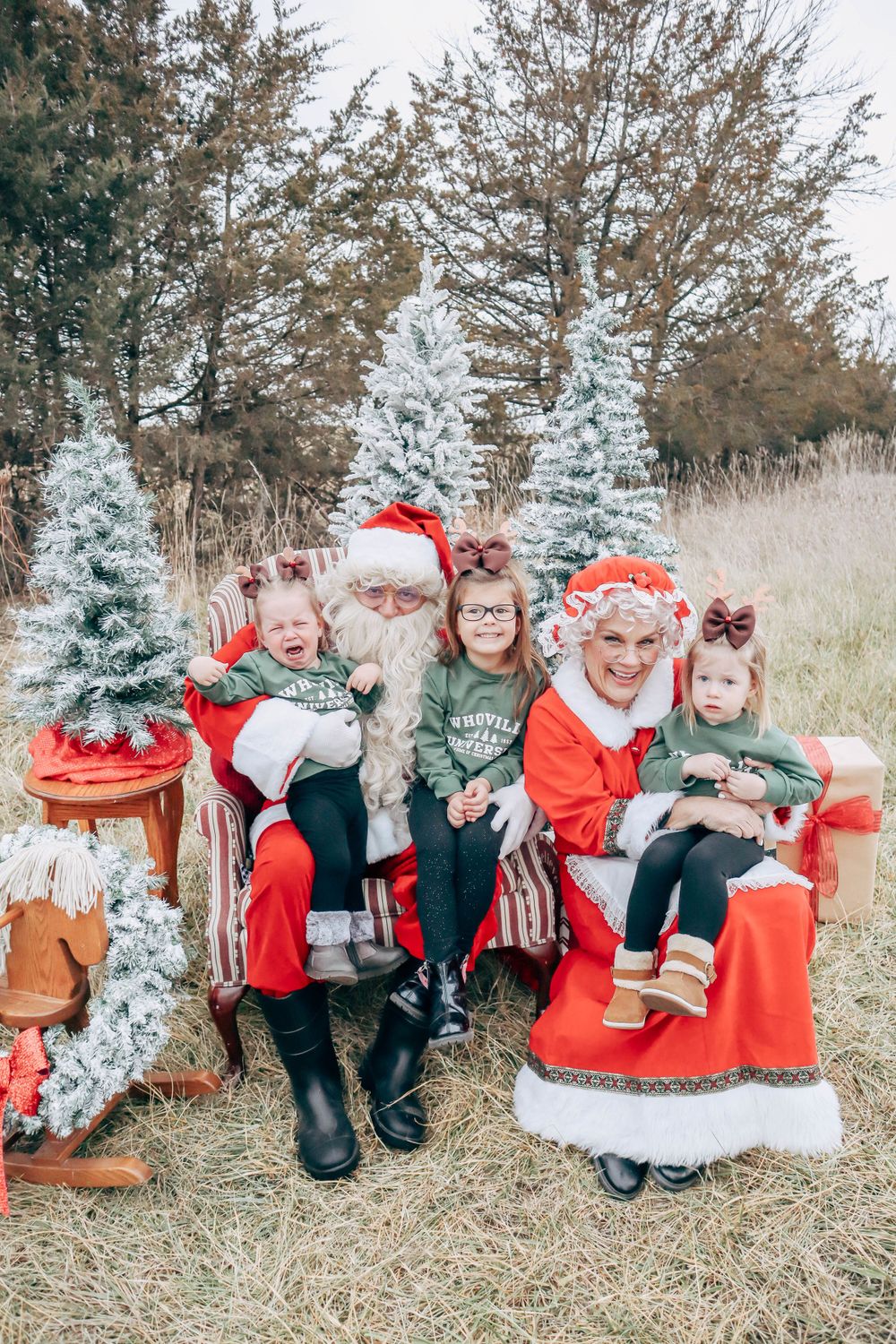 A festive holiday scene with decorated blue spruce trees and wrapped presents.
