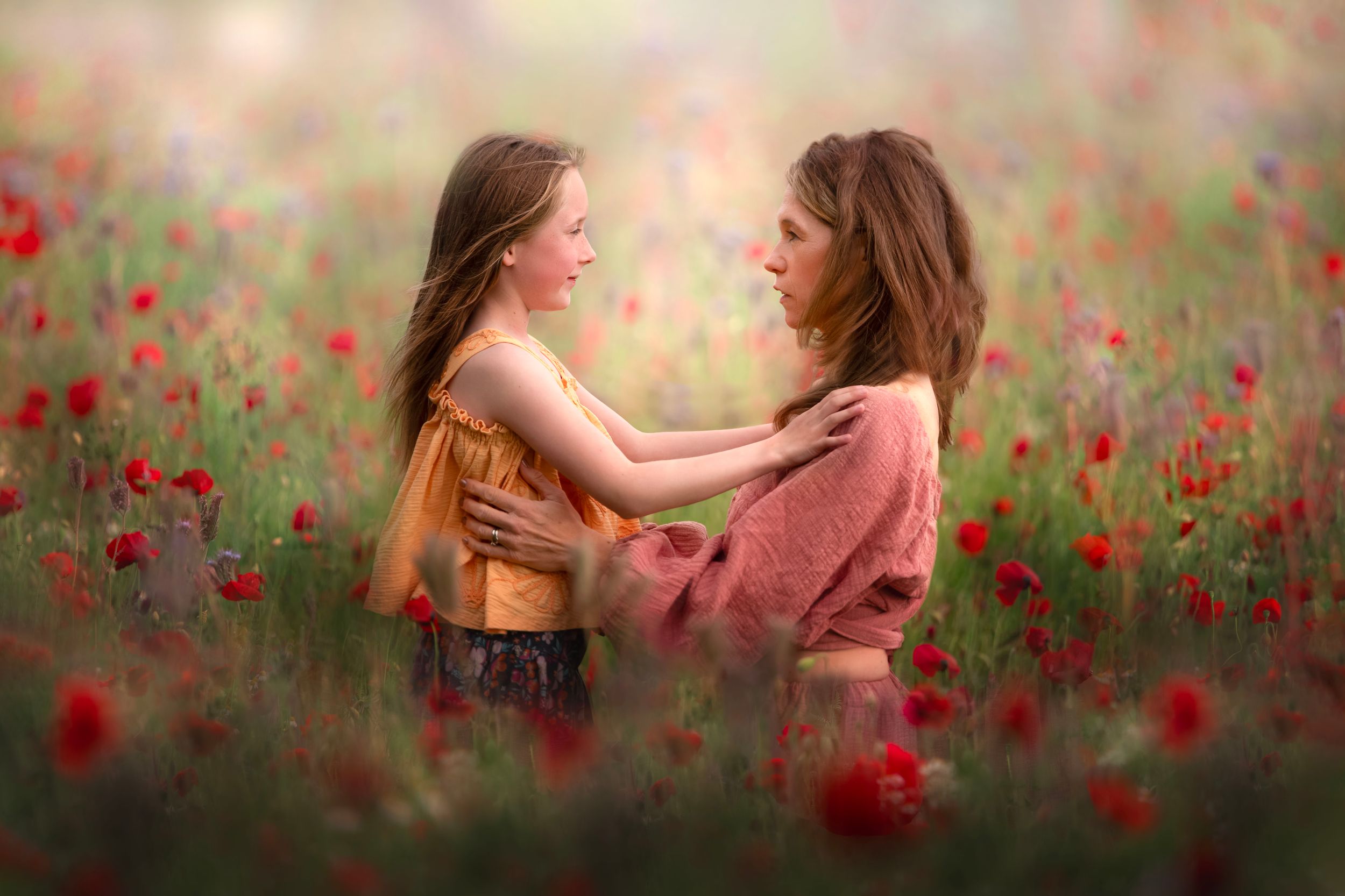 A child in a blue dress plays in a dreamy meadow filled with red poppies and wildflowers on a soft focused summer day.