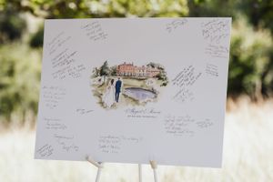 A wedding guest book illustration featuring a watercolor venue sketch surrounded by handwritten signatures and messages.