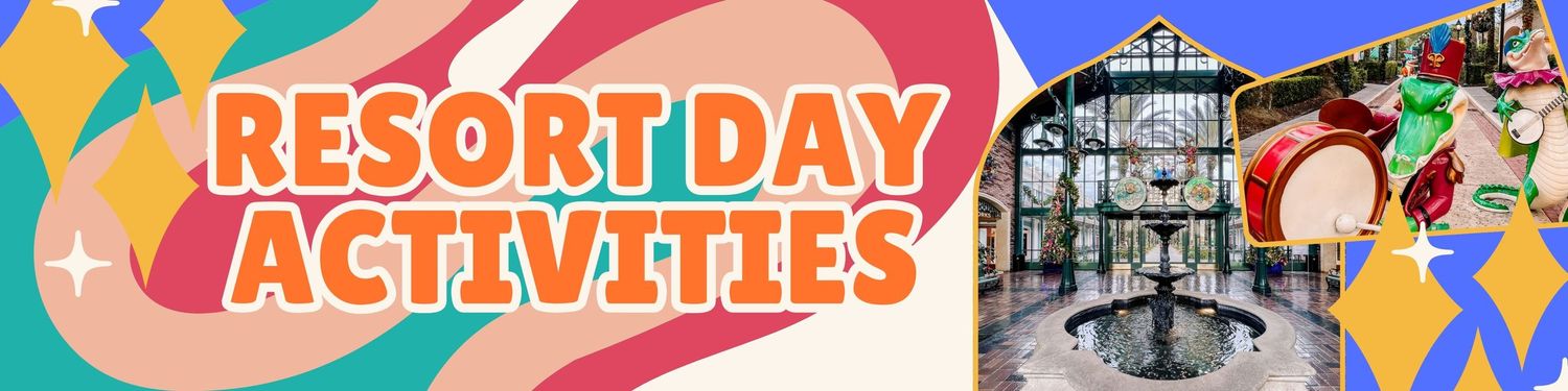 Colorful banner featuring text 'Resort Day Activities' with decorative elements against vibrant background design.