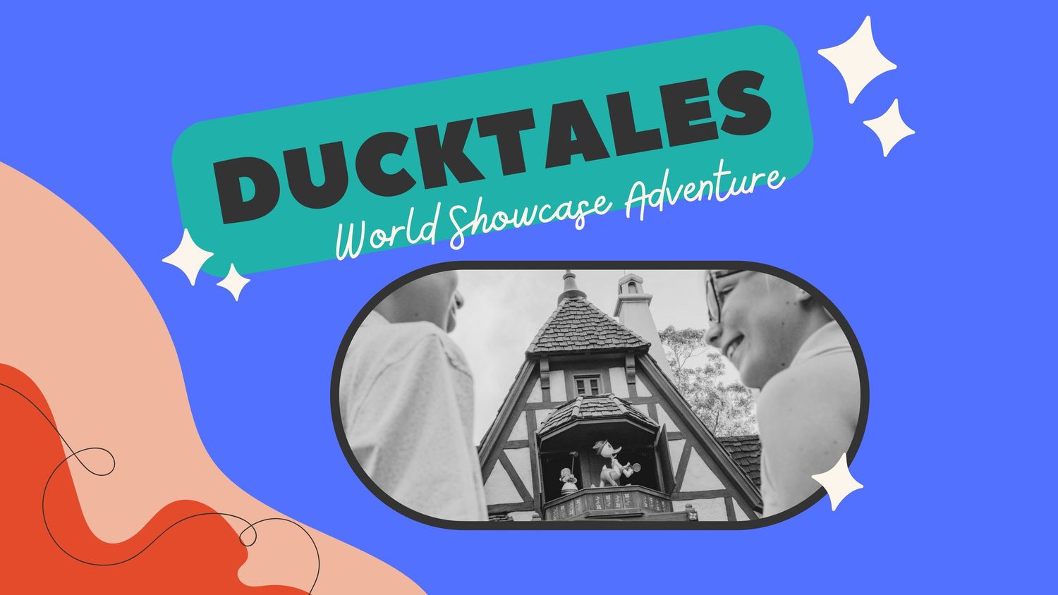 DuckTales World Showcase Adventure logo with vintage black and white building image.