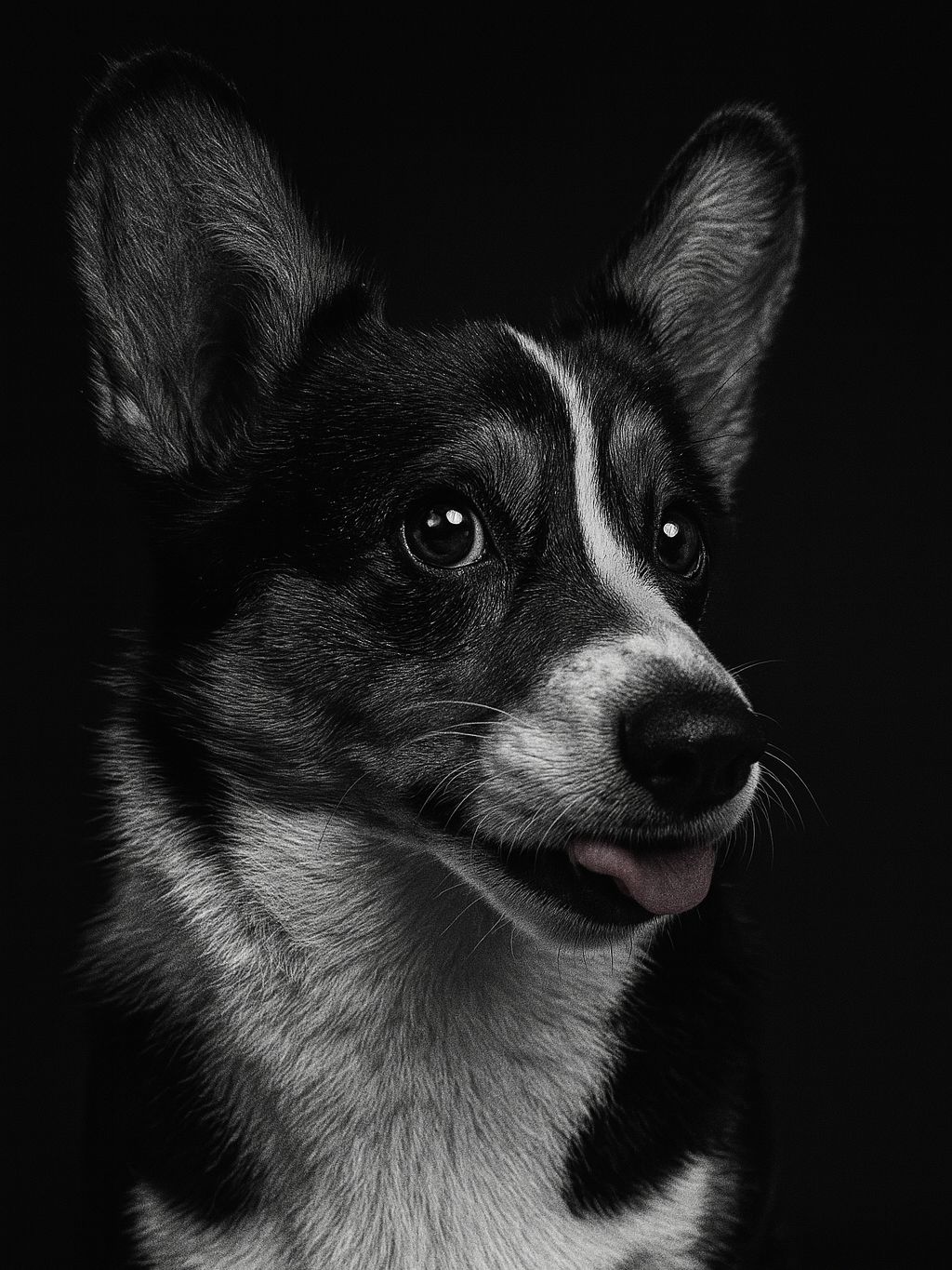 Dramatic black and white portrait of a cheerful Corgi dog with pointed ears against dark background.