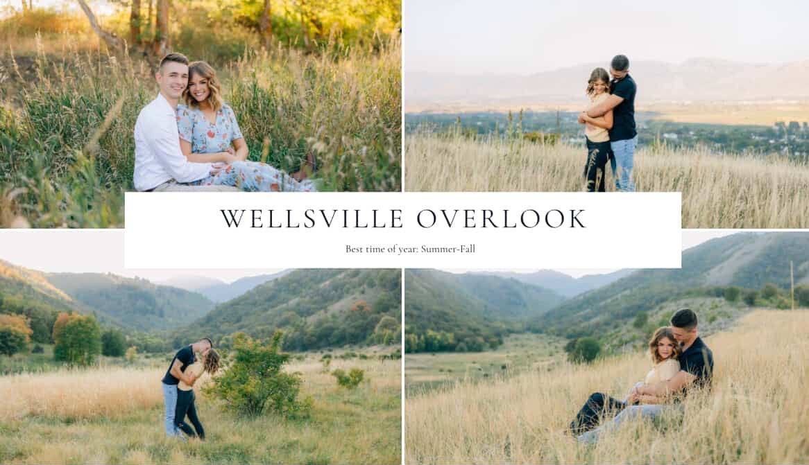 Couple embraces on hilltop overlooking a scenic Wellsville valley at golden hour.