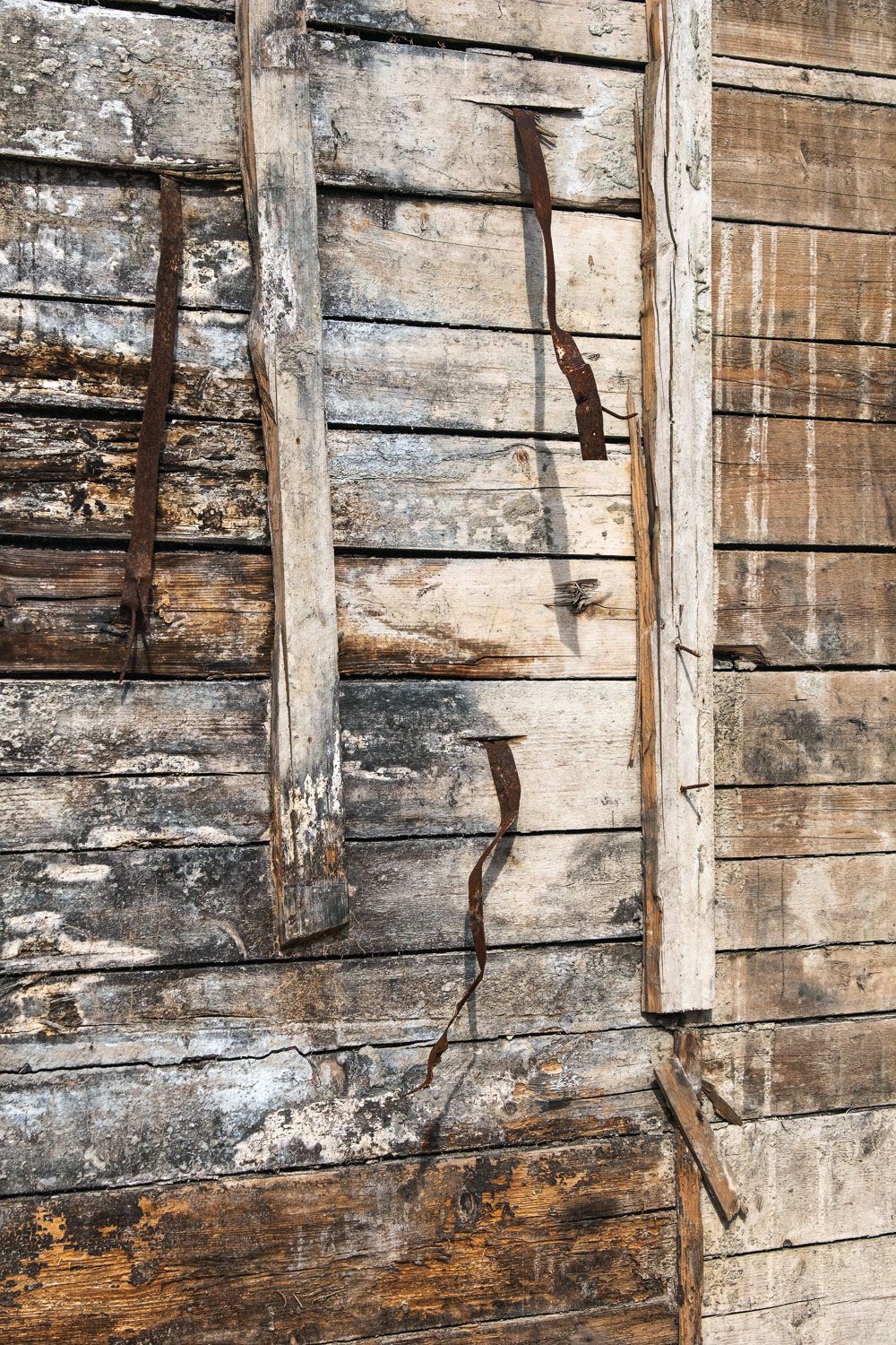 Weathered wooden barn wall texture shows horizontal planks with peeling paint and exposed natural wood grain patterns.