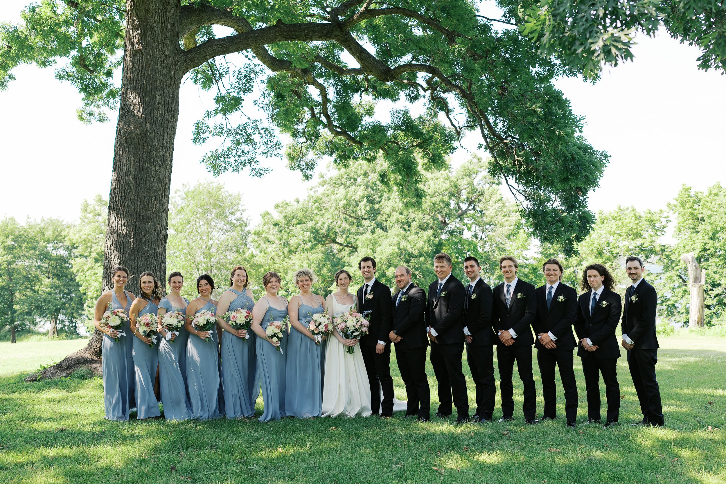 Wedding party in formal attire poses outdoors under a large tree on a sunny summer day.