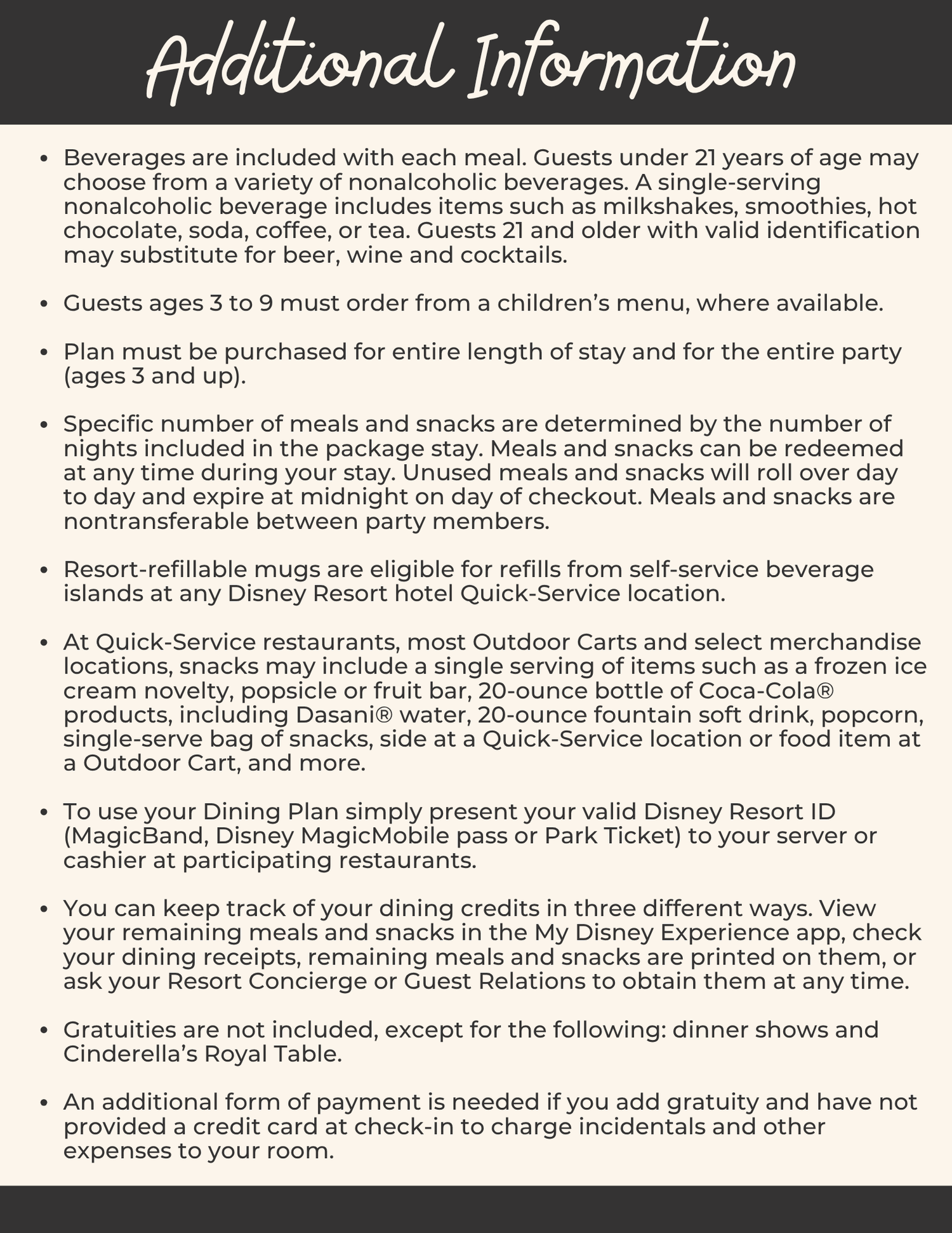 Black and white informational text page detailing additional Disney dining plan rules and policies.