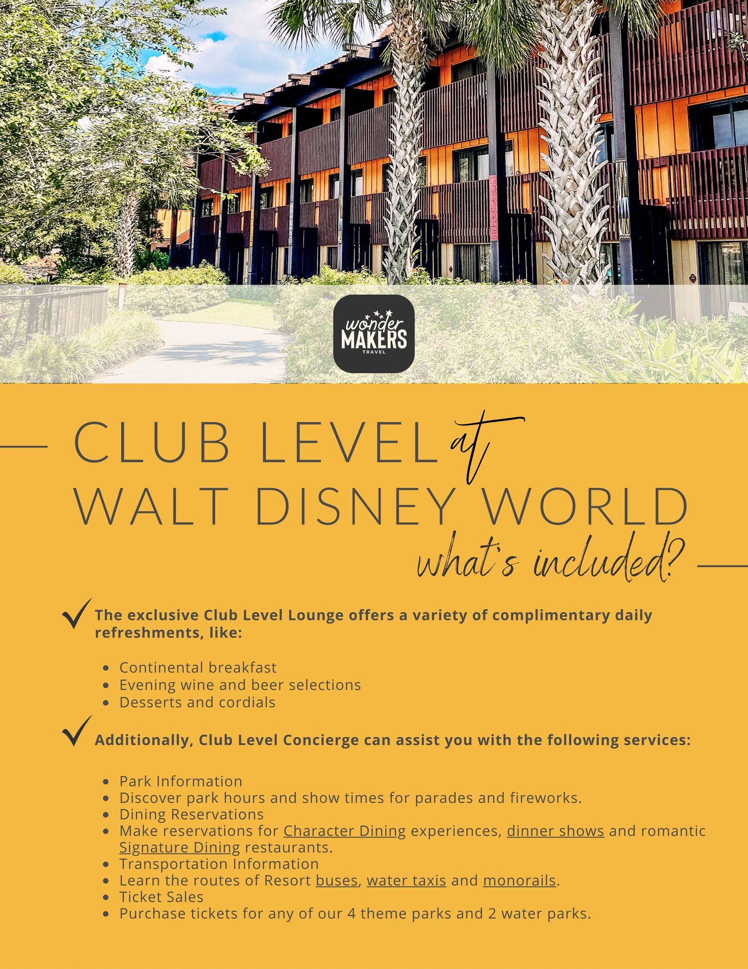 Club Level accommodations at Walt Disney World resort with amenities and services listing.