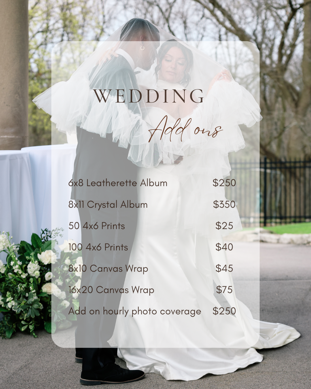 Professional wedding photography packages price list showing album and print options with elegant design details.