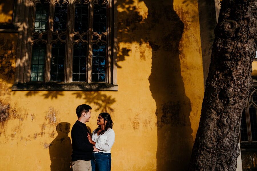 Dark silhouettes cast on yellow wall with tree shadows creating dramatic patterns.