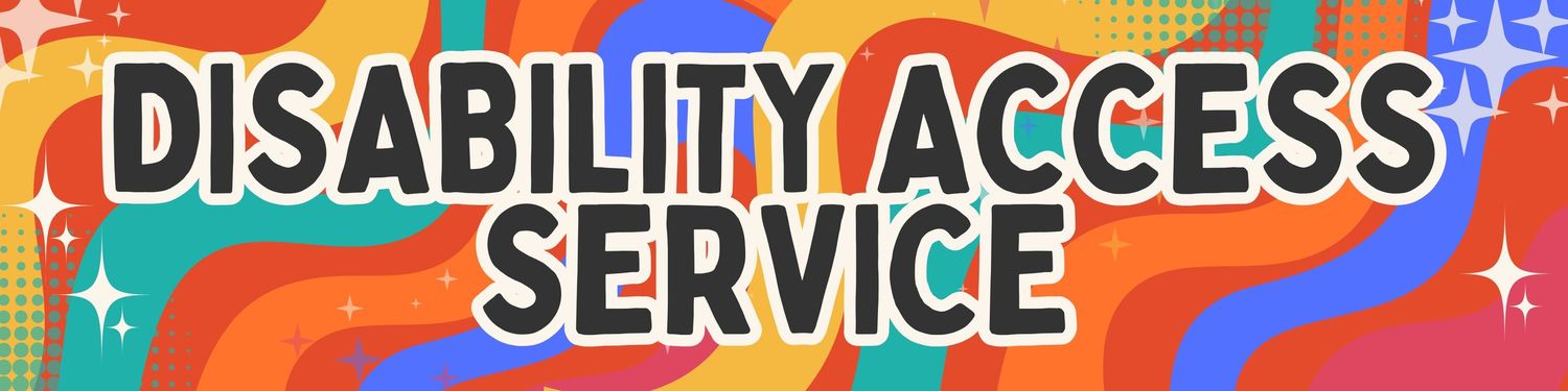Colorful banner for Disability Access Service with rainbow design elements.