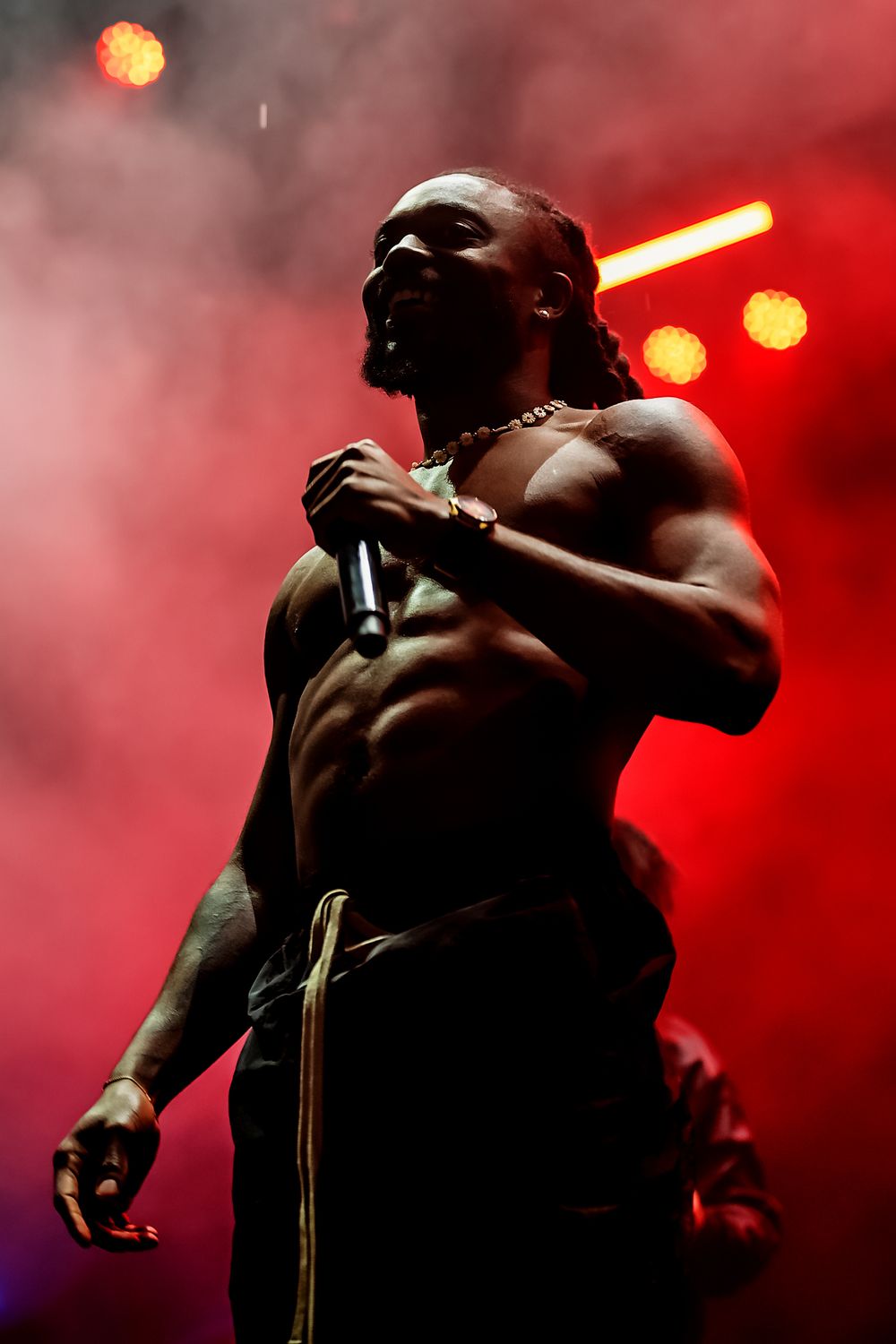 Silhouetted performer sings passionately on stage against dramatic red lighting and smoke effects during concert performance.