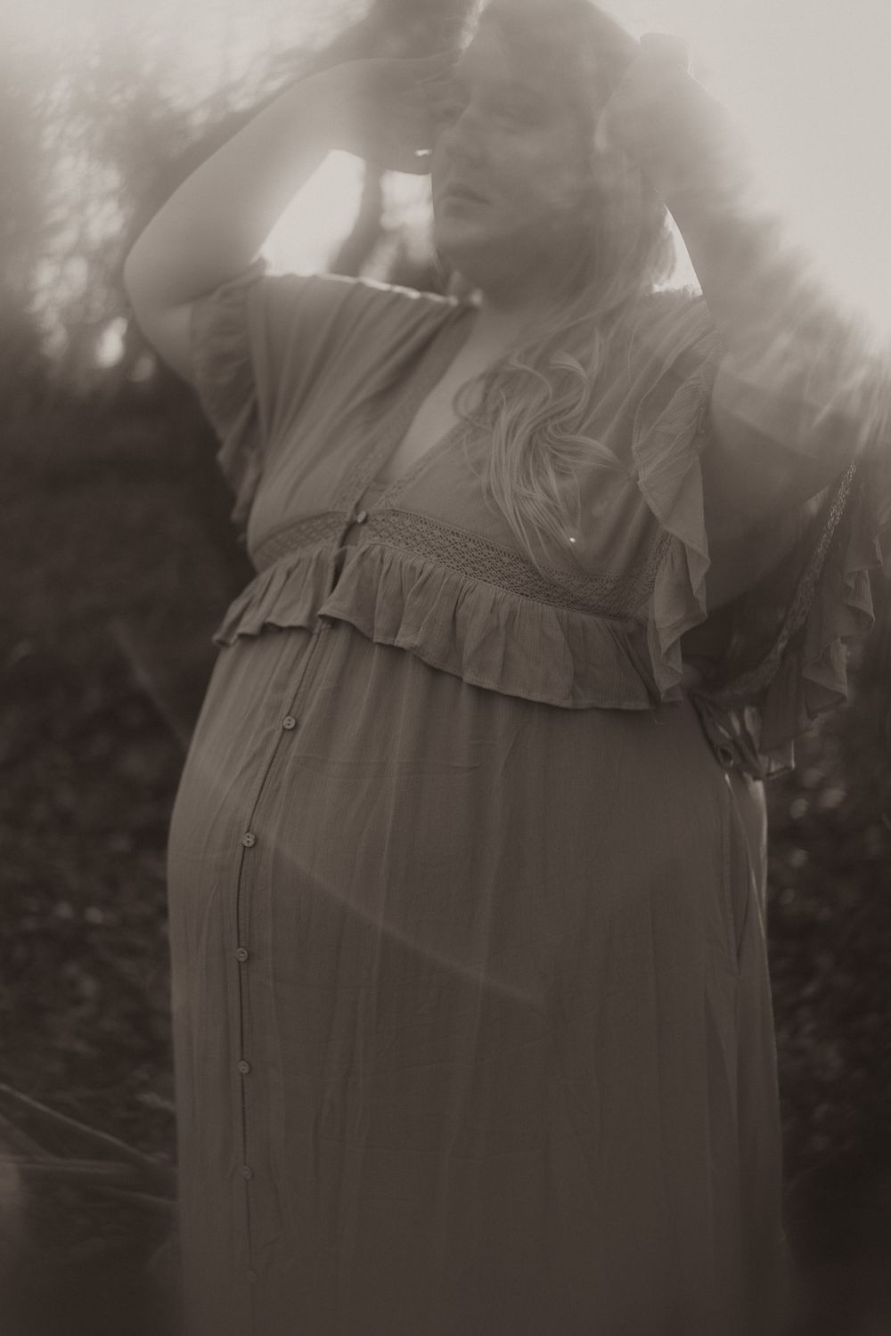 A vintage style artistic photograph series showing close-up details of a ruffled dress in soft sepia tones.