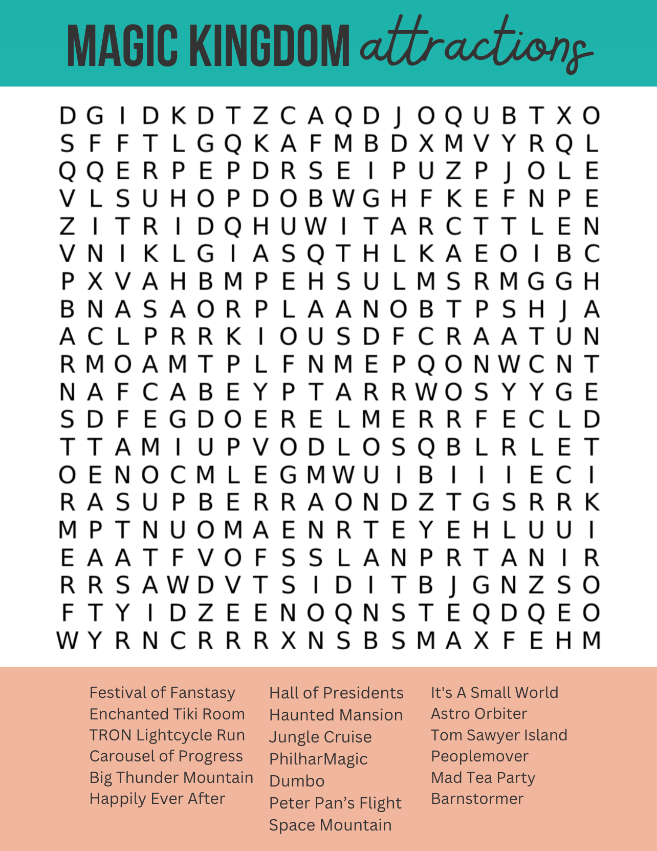 Word search puzzle featuring Magic Kingdom attraction names and themed Disney park terminology.