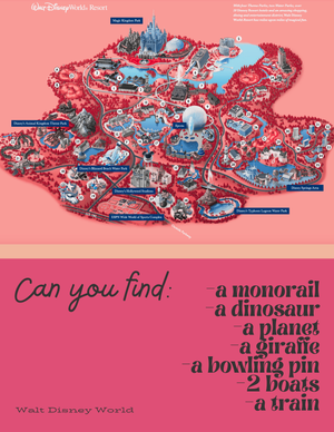 Disney World park map search activity asking to find items like monorail, boats and giraffes.