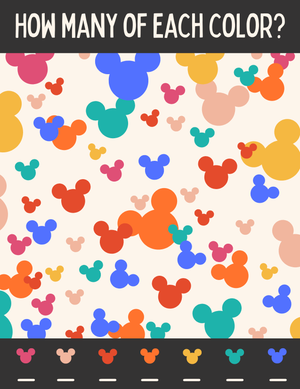 Colorful Mickey Mouse head pattern counting activity with different colored silhouettes.