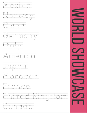 List of country names in dotted outline font including Mexico, Norway, China and others.